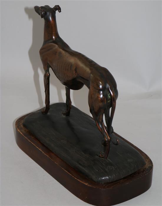 A Victorian copper bronze model of a greyhound, H. 9in.